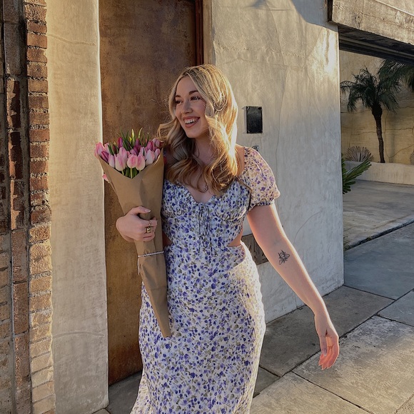 Light blue and purple floral midi dress with cutouts - Picture 3 of 7